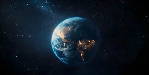 Obraz premium A beautiful blue star, Earth, with clouds, oceans, and continents visible in the dark and vast universe seen from space.