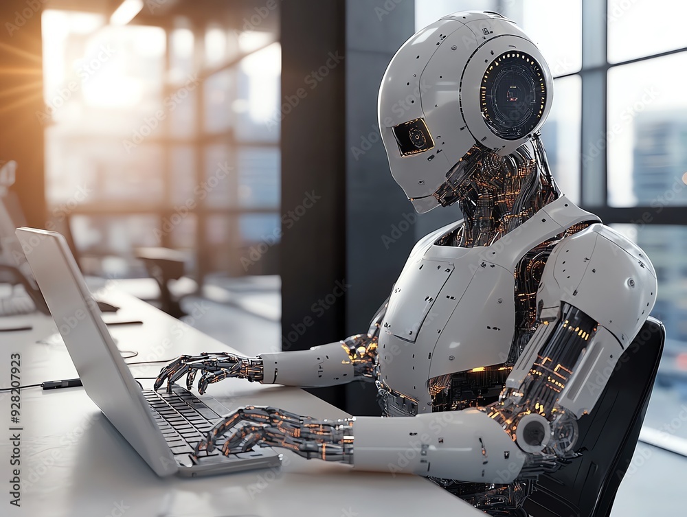 Poster futuristic robot working on laptop.