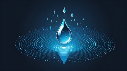 digital blue water drop icon with binary code, artificial intelligence in water resource management, hydrology modeling, environmental monitoring, analysis for sustainable conservation efforts.