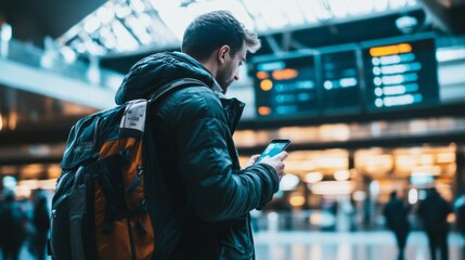 man at the airport looking at his phone