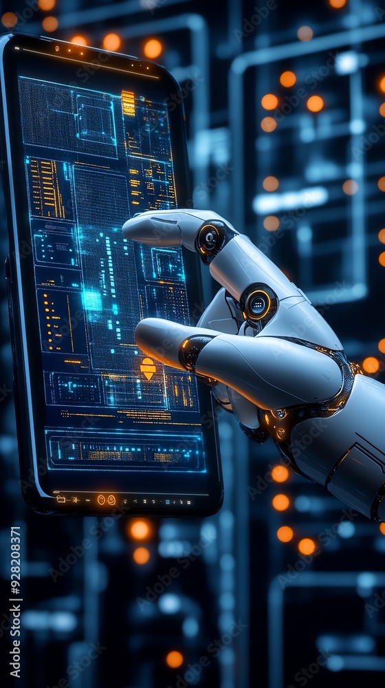 Poster Futuristic Robotic Hand Interacting with Digital Interface.
