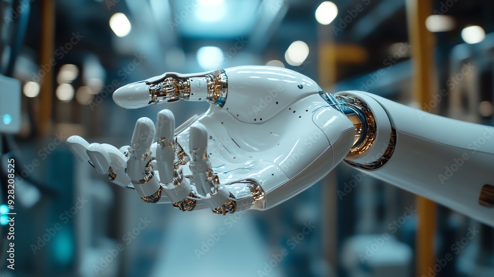 Poster futuristic robotic hand outstretched in factory setting.