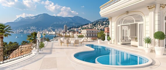 Fototapeta premium Luxury villa with a pool and stunning view of the ocean and mountains. Ideal for a relaxing vacation or a special occasion.