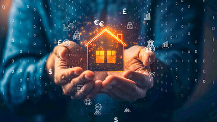 Corporate professional holding a house model, highlighting real estate and technology integration