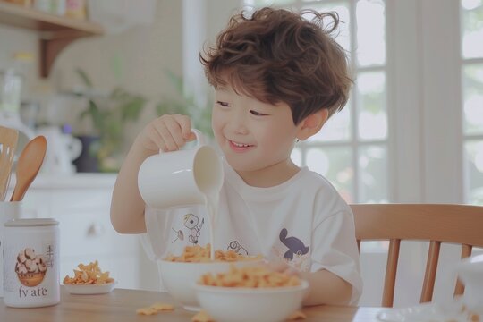 Asian boy happily adds milk to cereal for a nutritious breakfast at the kitchen table