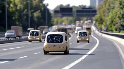Obraz premium Autonomous vehicle convoy on a highway with digital route overlays and cargo tracking, autonomous logistics, AI-driven transport systems