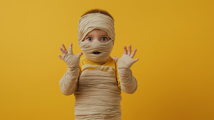 a kid in mummy costume trying to scare, halloween funny concept wallpaper with copy space