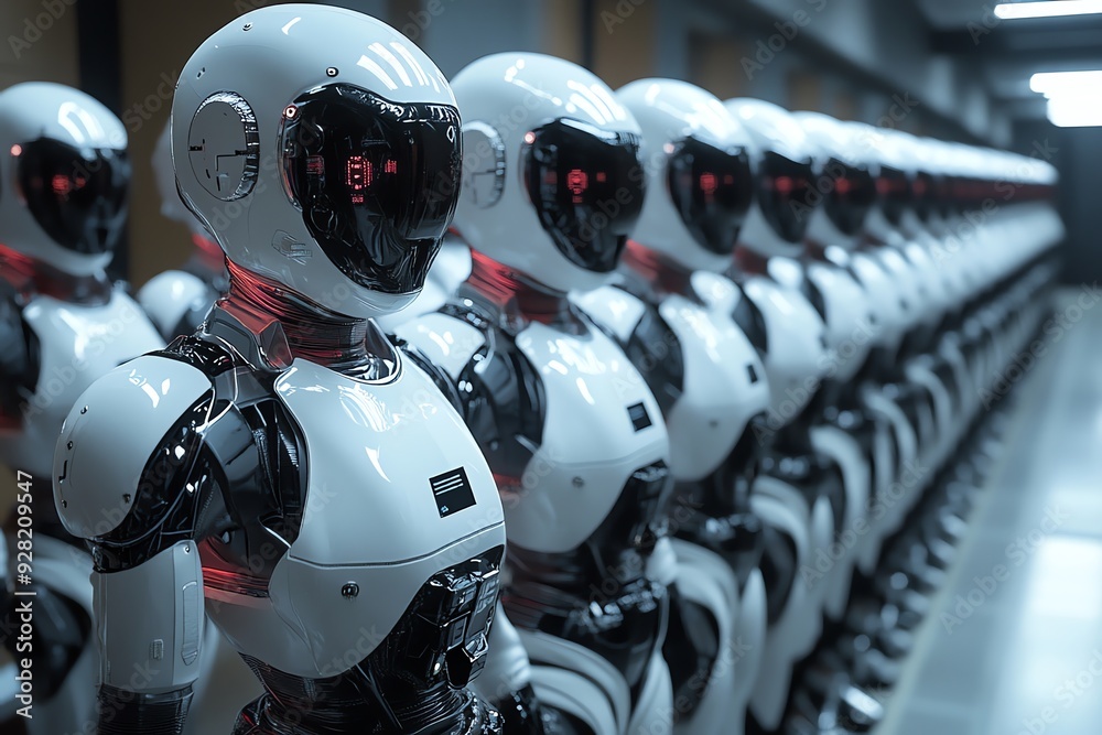 Poster futuristic robots standing in line.