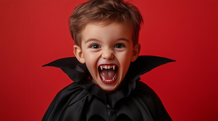 kids halloween costume, cute boy in dracula costume with copy space