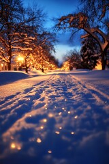 A serene winter evening scene, featuring snow-covered paths illuminated by warm streetlights and adorned with glistening snow.