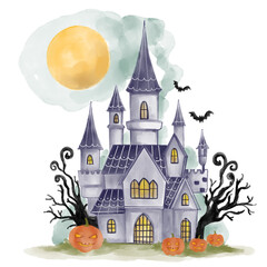 Watercolor painting halloween haunted castle with creepy atmosphere