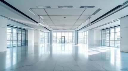 Obraz premium Interior of modern empty office building.Open ceiling design.Equipped with automatic lifting table and LCD screen