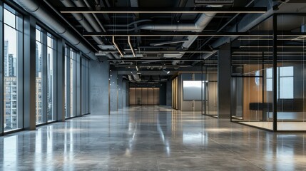 Interior of modern empty office building.Open ceiling design.Equipped with automatic lifting table and LCD screen