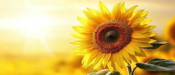 Obraz premium A vibrant sunflower basking in the golden light of the sun, showcasing its bright yellow petals and warm summer atmosphere.