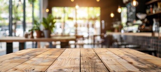 Wooden table with stylish bokeh lights from a restaurant ambiance in the background