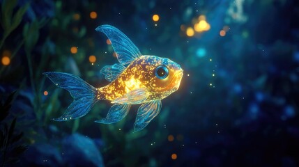 Detailed 3D view of a glowing fish casting an enchanting light in the dark underwater world