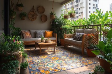 Modern chic balcony design featuring lush greenery and vibrant tile
