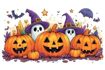 Cute halloween characters posing with pumpkins on brick wall