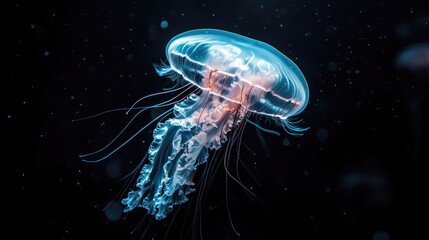 Naklejka premium Ethereal jellyfish floating alone in the dark, uninhabited depths of the ocean, captured in stunning close-up