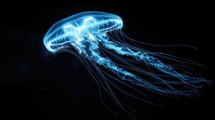 Intricate view of a jellyfish in the lifeless, deep ocean depths, showcasing its delicate form and bioluminescent glow