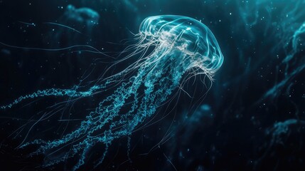 Intricate view of a jellyfish in the lifeless, deep ocean depths, showcasing its delicate form and bioluminescent glow