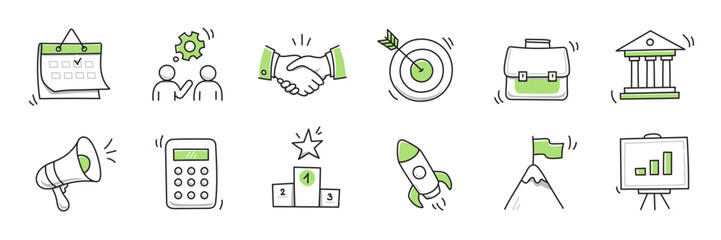 Hand drawn doodle business, money icon set. Finance, startup marketing sketch drawn cute trendy line doodle icon. Business work, finance rocket, growth economic goal elements. Vector illustration