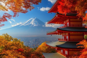 Obraz premium Colorful autumn fall foliage at the Chureito Pagoda with mount Fuji as background in Japan