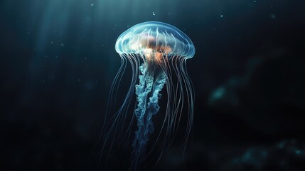 Fototapeta premium Mesmerizing close-up of a jellyfish drifting through the dark, lifeless ocean depths, with its elegant tentacles illuminated