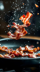 Strips of bacon flying out of a frying pan isolated on black background