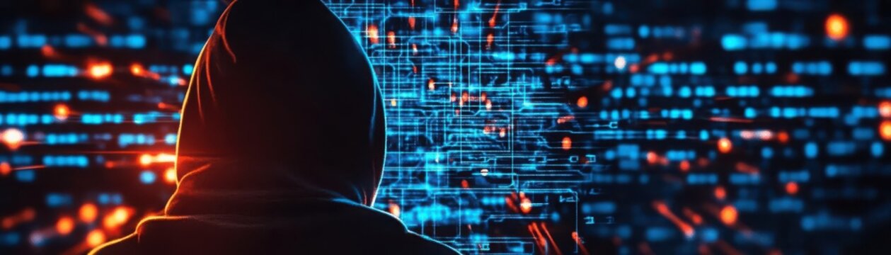 A mysterious figure in a hoodie interacts with a digital code backdrop, symbolizing cybersecurity, hacking, and technology innovation.
