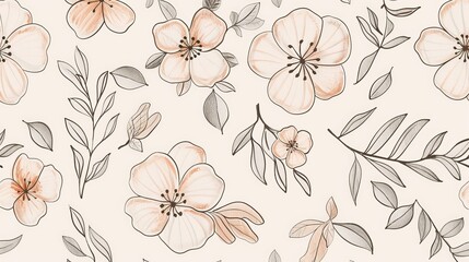 A charming pattern of hand-drawn flowers and leaves in a delicate, sketchy style.