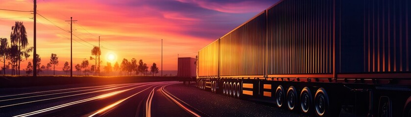 Vibrant sunset illuminates a freight train alongside railway tracks, creating a tranquil atmosphere for travel and transport.