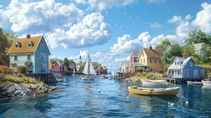Fototapeta premium A charming seaside village with colorful houses and boats gently bobbing in the harbor.