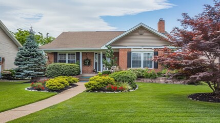 A charming suburban home with a well-maintained front yard. The scene features a classic exterior,