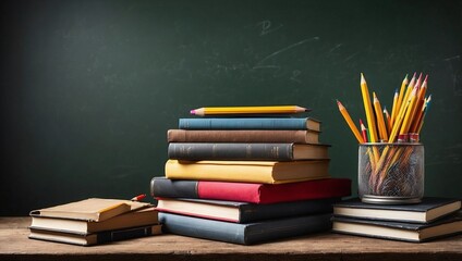 Books and Pencils on Table with Blackboard