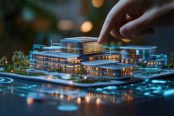 Hand Interacting with a Digital Model of a Building.