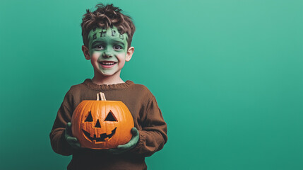 cute young boy dressed as Frankenstein, halloween kid costume, wallpaper with copy space