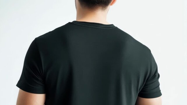 Man is standing with his back turned, wearing a plain black t shirt, providing a perfect space for showcasing designs and prints