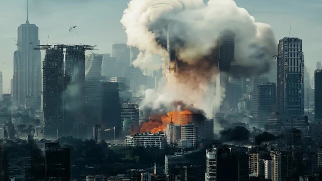Large explosion with fireball and smoke in urban area with tall buildings. Concepts of danger, disaster, and emergency response.