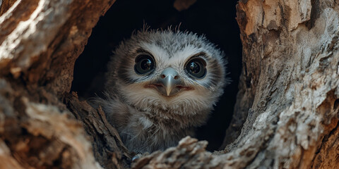 Baby Owl in Tree Hollow

