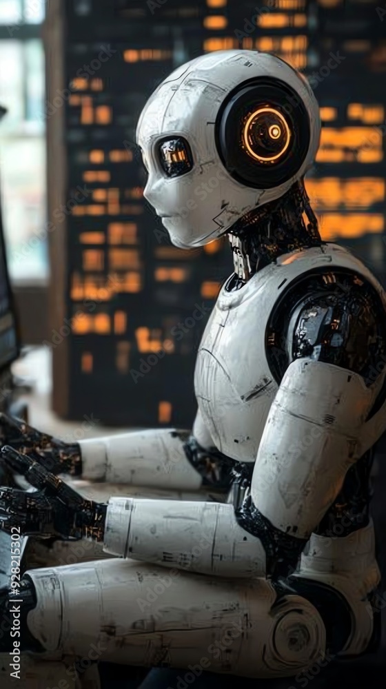 Poster Humanoid robot working on a computer.