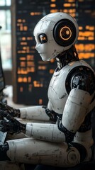 Fototapeta premium Humanoid robot working on a computer.