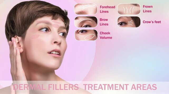 2D animation. Treatment areas for anti-wrinkle injection. Young female with clean fresh skin. Female face and neck. Portrait of young caucasian woman . Lifting by thread concept