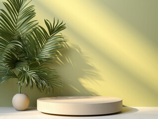 Fototapeta premium Awesome Abstract background with yellow color, geometric podium and palm tree