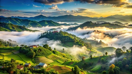 Serene misty landscape of Meghalaya's rolling hills, lush green forests, and vast valleys, showcasing nature's grandeur in the abode of clouds, northeastern India.