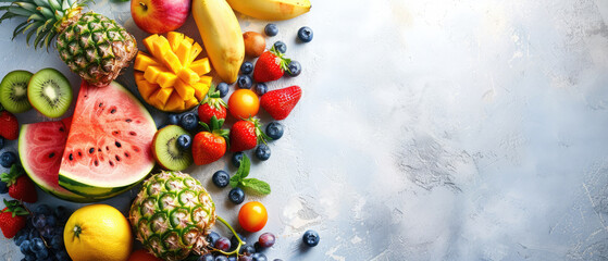 Obraz premium Various slices of fresh tropical fruit, especially watermelon, pineapple, mango, berries and strawberries are arranged on a white table with a view from above