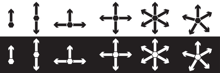 Arrow multiple direction icons. Vector one. two, three,  four, five and six way arrows or option signs for infographic chart or presentation pointers. Vector illustration. EPS 10