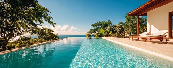 Obraz premium Stunning villa with infinity pool overlooking a serene ocean view, perfect for relaxation and luxury getaways.