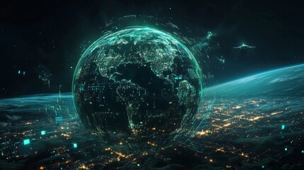 Obraz premium Futuristic digital globe with glowing lines and city lights.