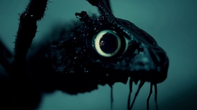 Terrifying halloween monster with a single, enormous eye stares directly at you, its black, slimy body melting and dripping in eerie turquoise light, invoking fear and unease